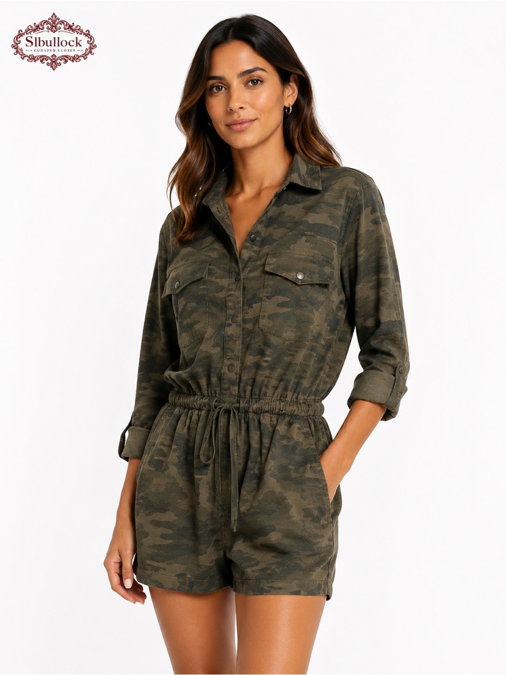 R25 Sanctuary Camo Utility Snap Front Romper Size Medium Roll-Tab Sleeves